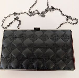 Black Faux Leather Quilted Evening Clutch With Long Shoulder Chain